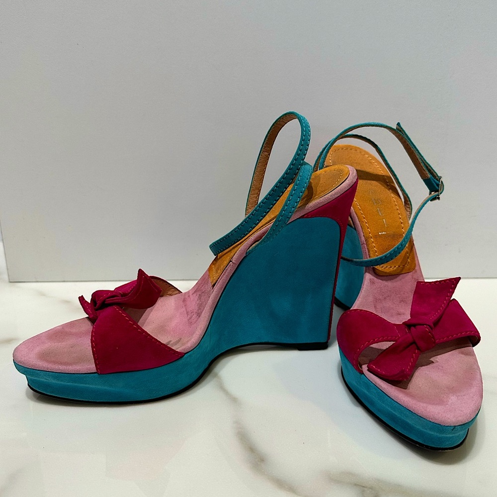 Casadei Pastel Suede Ankle Strap Wedge